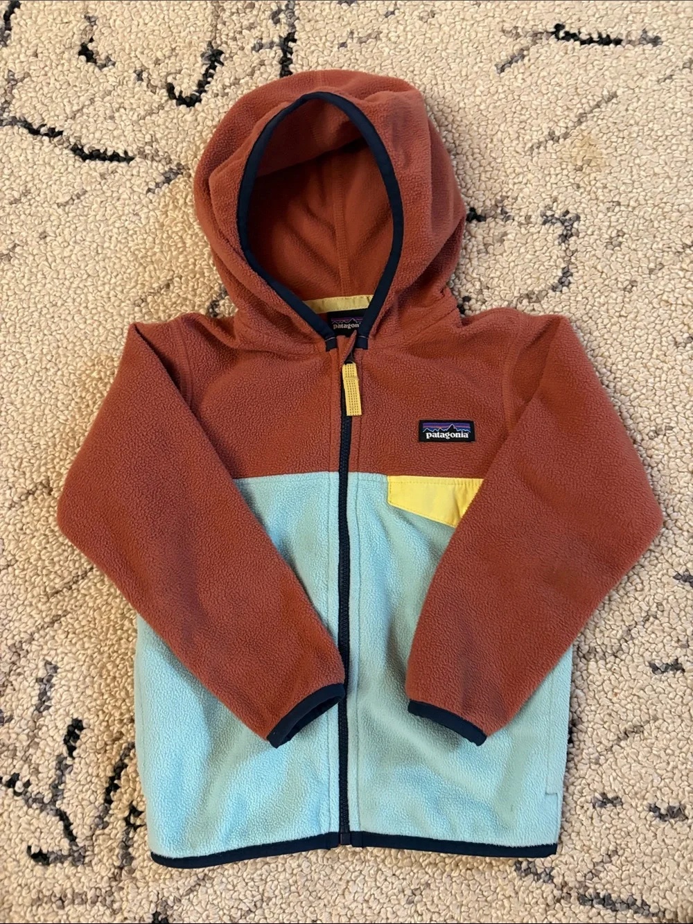 Patagonia Kids Hooded Fleece Jacket - Rust, Light Blue & Yellow